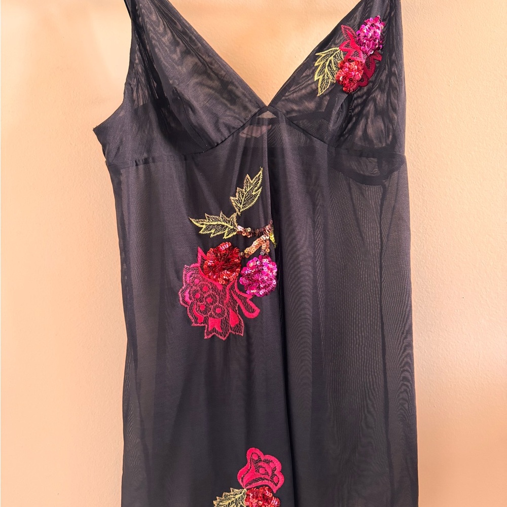 Sheer Black Lingerie with Floral and Sequin Embroidery